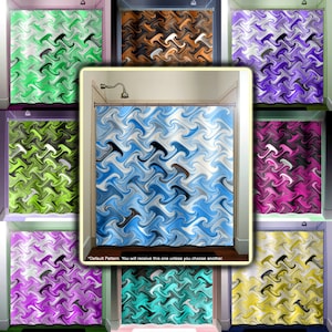 May include: Shower curtain with a blue, white, and black wavy pattern. The image shows the curtain in a bathroom setting, with a shower head visible. Additional color variations of the curtain are displayed around the main image.