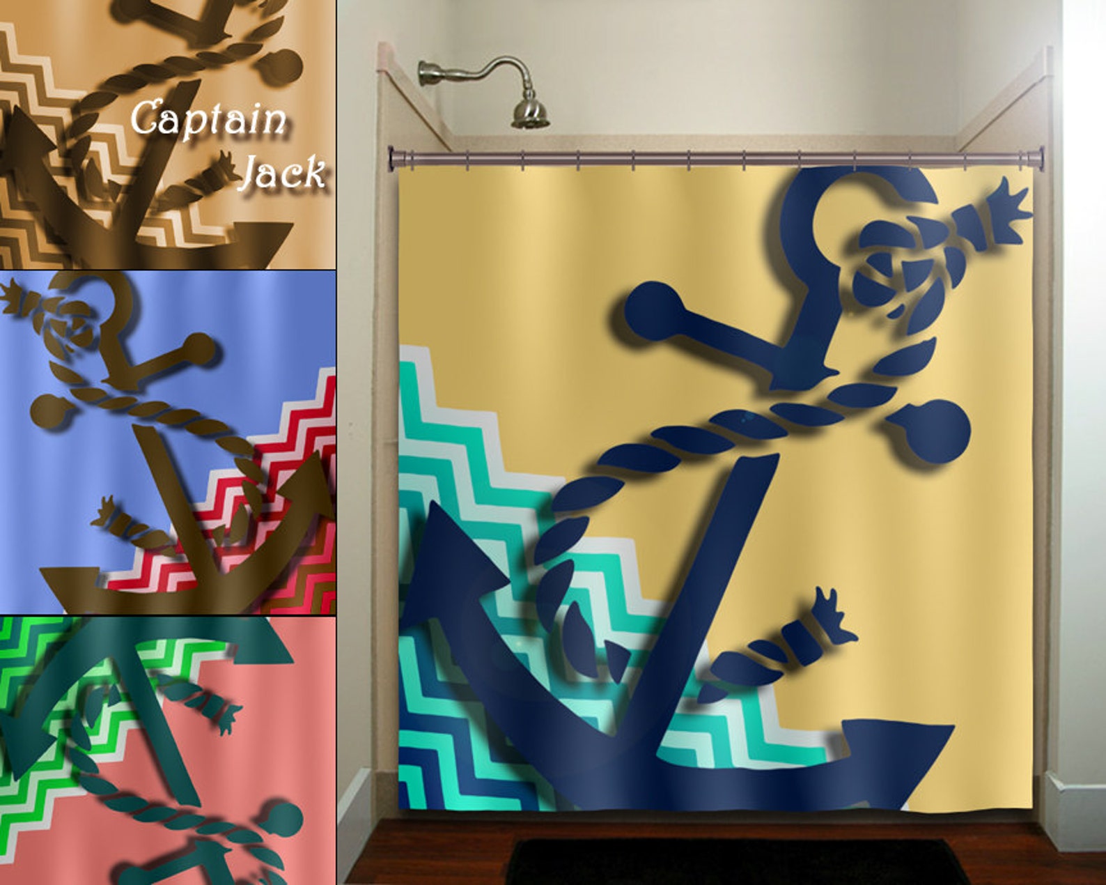 Nautical Anchor Shower Curtain Extra Long Fabric Shower Etsy