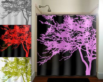 Cortina de ducha de tela negra con diseño de árbol rosa, extra larga