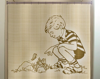 Vintage Butterfly Boy Shower Curtain, Fabric Stall Curtain
