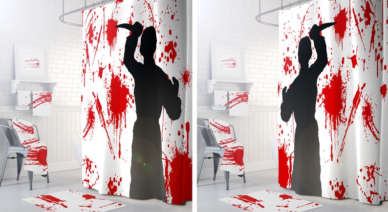 Pode incluir: Um cortina de chuveiro branco com uma silhueta preta de uma pessoa segurando uma faca. O fundo &eacute; coberto de respingos de sangue vermelho.