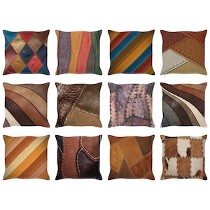 May include: Set of 12 decorative throw pillows with various patchwork designs featuring different shades of brown, tan, and gray leather. The pillows have a variety of geometric patterns and textures.