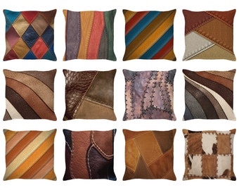 NOT Faux Leather Throw Pillow, Leather Cushion Cover, Patchwork Leather Pillowcase, Indoor Outdoor Pillow, PRINTED POLYESTER