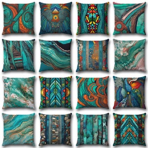 Teal Cushions, Turquoise Throw Pillow Cover, Teal Couch Pillowcase, Blue Abstract Art Cushion, Decorative Accent Toss Pillows, Boho Style