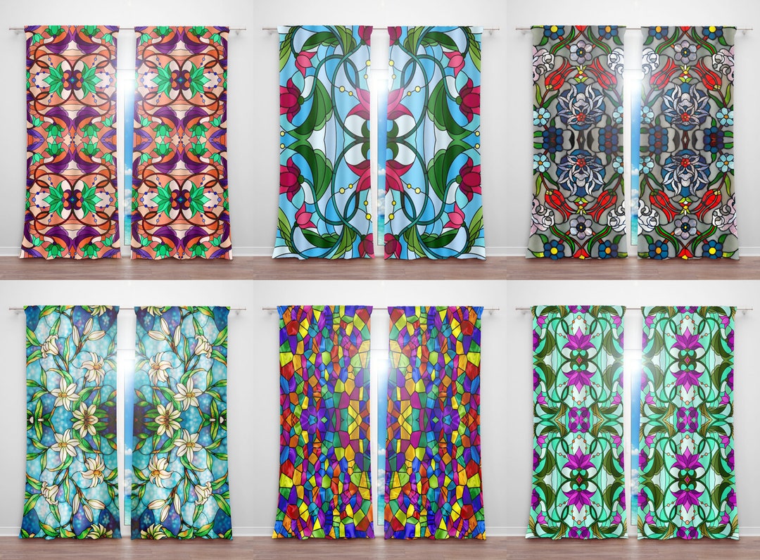 Window Curtains With Stained Glass Design, Stained Glass Window Treatment, Stained Glass Fabric