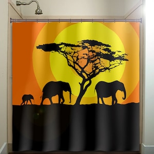 african sunset acacia tree elephants Shower Curtain Extra Long, Fabric Shower Curtains Stall, Custom Wall Tapestry, Window Valance Cafe