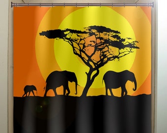 Afrikanischer Sonnenuntergang Elefant Duschvorhang, Akazienbaum, extra langer Stoff