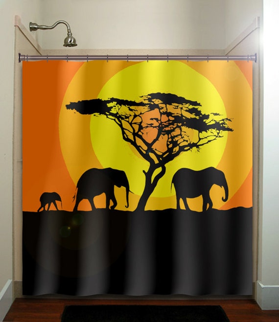 African Sunset Acacia Tree Elephants Shower Curtain Extra Etsy