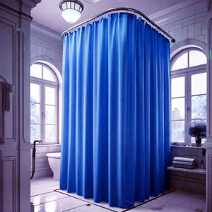 May include: A bright blue shower curtain hangs from a curved shower rod in a bathroom. The curtain is made of a smooth, solid fabric. The bathroom has white tile walls and a white bathtub.