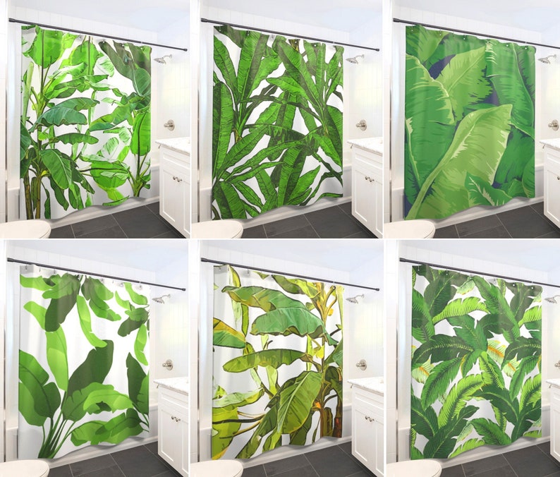 Tropical Jungle Palm Banana Leaf Shower Curtain Extra Long Image 0