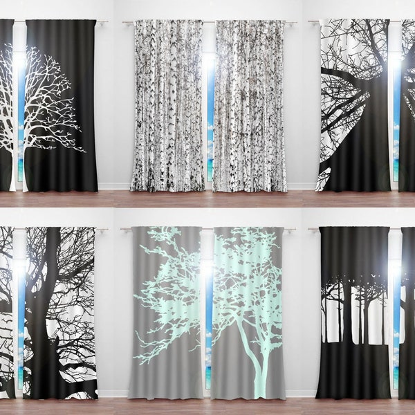 Gnarly Dead Tree Curtains, Mighty Oak Forest Curtain, Birch Fabric Valance, Black Window Curtain Panels