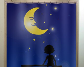 Starry Night Moon Shower Curtain, Kids Room Decor, Polyester Fabric