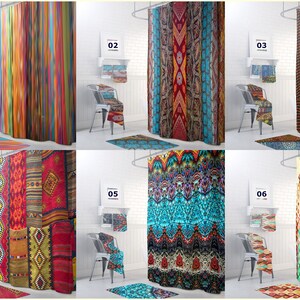 May include: Six different shower curtains with colorful, geometric patterns. Each curtain is displayed in a bathroom setting with a matching bath mat and towels.