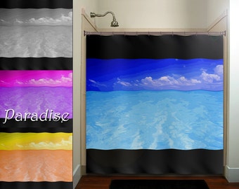 Paradise Ocean Beach Shower Curtain, Tropical Sea View, Extra Long Fabric