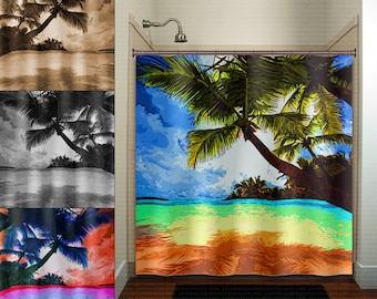 Tropical Palm Beach Shower Curtain, Coastal Decor, Custom Size
