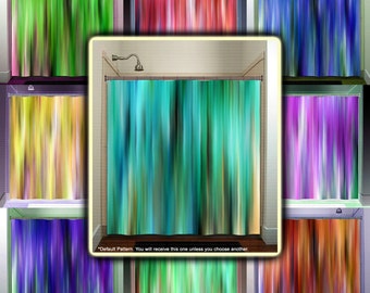 幾何学模様のリネンシャワーカーテン：ティール＆ブラウンの