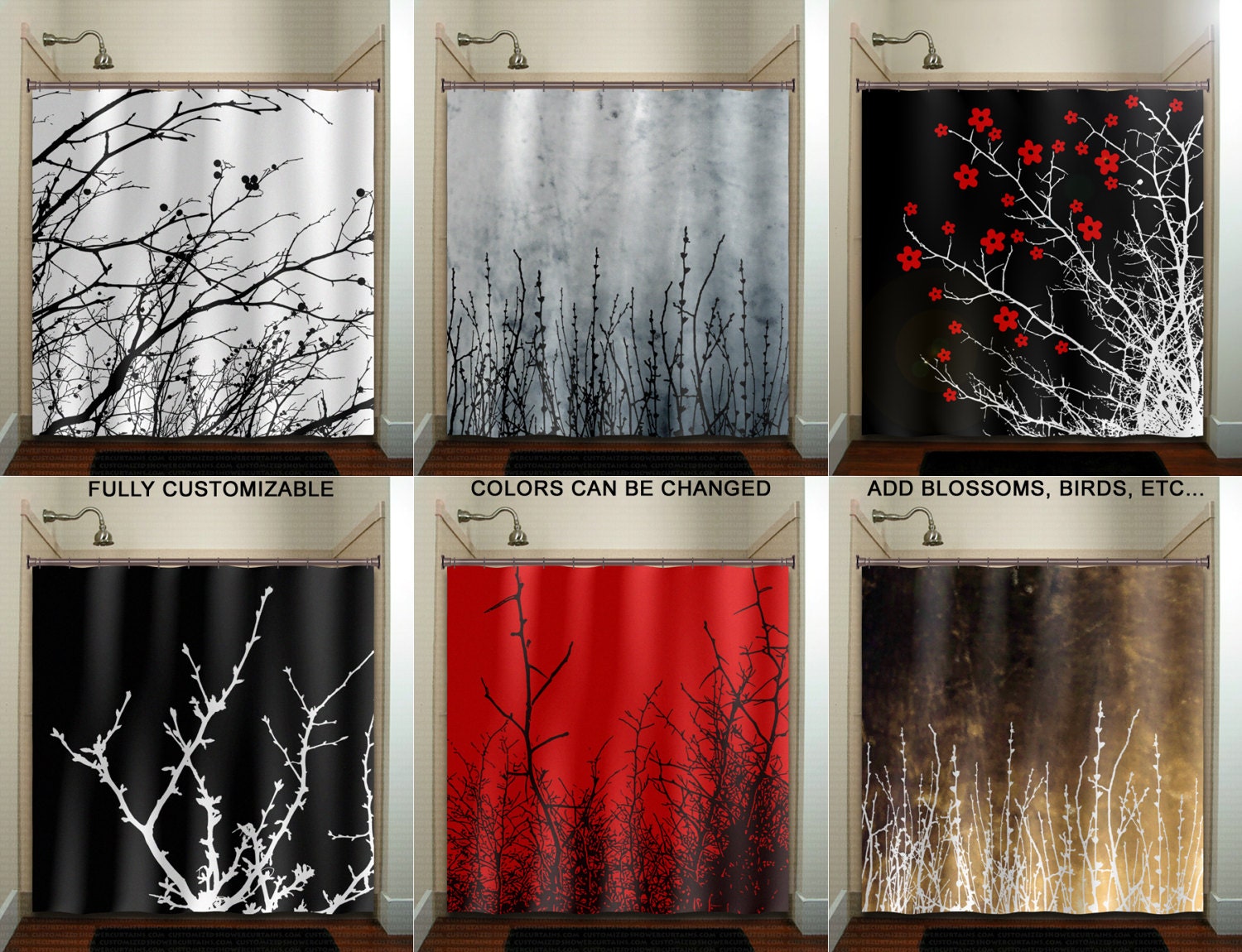 Tree Branch Willow Twigs Shower Curtain Extra Long Fabric Tree Branch Willow Twigs Shower Curtain, Tree Branch Curtains