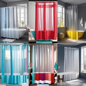 May include: Six different shower curtains with various colours and patterns. The curtains are made of clear plastic with a solid colour or patterned bottom. The curtains are hung on a curved shower rod.