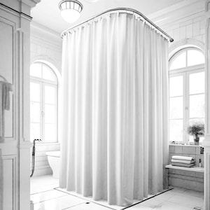 May include: A white shower curtain hangs from a curved shower rod in a white bathroom. The shower curtain is made of a smooth, opaque fabric. The bathroom has a white tiled floor and white walls.