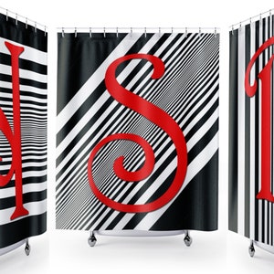 Custom Monogram Shower Curtain, personalized towels, monogrammed bath mat, stall extra long shower curtains, bathroom decor, red black white