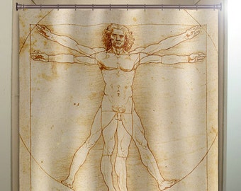 Vitruvian Man Shower Curtain, Renaissance Art Fabric, Extra Long