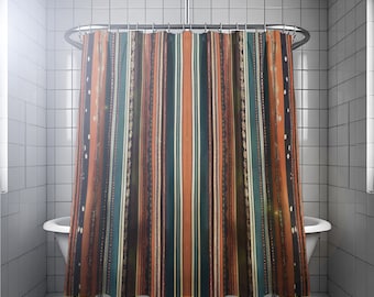 Boho Shower Curtain in burnt orange, rust and turquoise blue