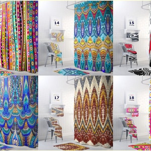 May include: Six different shower curtains with colorful geometric patterns. The curtains are displayed in a bathroom setting with a shower rod, a chair, and a towel rack. The curtains are made of fabric and have a variety of designs, including circles, stripes, and abstract patterns.