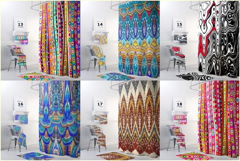 May include: Six different shower curtains with colorful geometric patterns. The curtains are displayed in a bathroom setting with a shower rod, a chair, and a towel rack. The curtains are made of fabric and have a variety of designs, including circles, stripes, and abstract patterns.