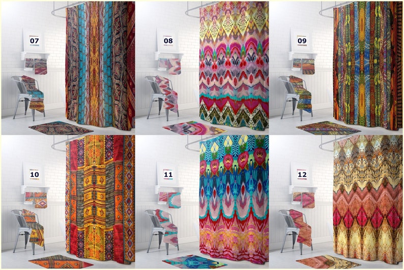 May include: A collage of 6 different shower curtains with colorful geometric patterns. The curtains are all made of fabric and have a variety of colors and designs. The curtains are hung on shower rods in a bathroom setting.