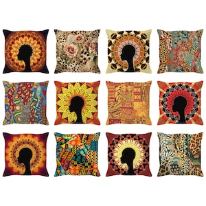 May include: Set of 12 throw pillows with various colorful patterns and designs. Each pillow features a silhouette of a woman's face with a geometric background.