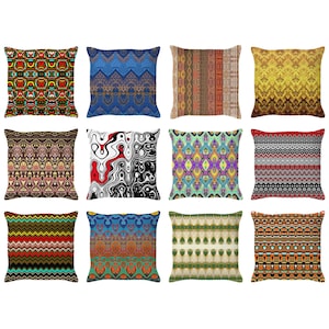 May include: Twelve decorative throw pillows with various geometric and abstract patterns in bright colors, including red, blue, green, yellow, and black.
