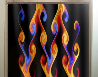 Fireball Shower Curtain, Orange Red Blue Flames, Polyester Fabric