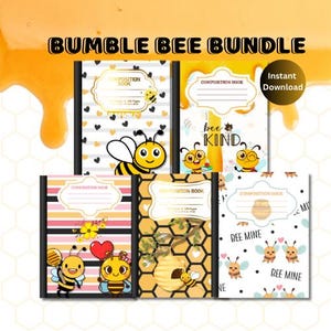 May include: A collection of six composition notebooks with bee-themed designs. The notebooks display patterns such as hearts, stripes, and honeycomb, with illustrations of cartoon bees and the text "Bumble Bee Bundle". Each notebook is labeled "Composition Book".