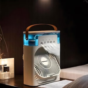 Ventilador portátil 3 en 1: humidificador, luz LED y brisa silenciosa | Enfriador de aire recargable para el hogar, la oficina y el dormitorio