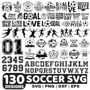 Könnte beinhalten: Eine Sammlung von 130 Fußball-Designs in Schwarz und Weiß. Das Bild zeigt Fußbälle, Silhouetten von Spielern, Text wie "GOAL" und Zahlen und Buchstaben. Formate: SVG, PNG, DXF und EPS.