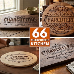 Könnte beinhalten: Eine Sammlung von hölzernen Charcuterie-Brettern mit verschiedenen lasergravierten Designs und Texten, darunter Phrasen wie Charcuterie: Pre-dinner snack that costs more than dinner, A symphony of flavors und Epicurean Gatherings Savory & Sweet.