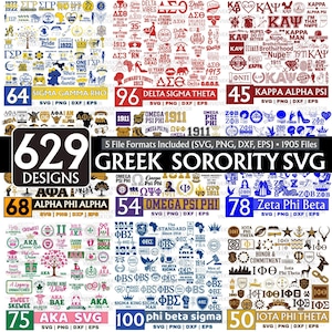 Może przedstawiać: Kolekcja projektów SVG greckich bractw, zawierająca 629 wzorów w różnych formatach plików. Obraz zawiera loga i symbole dla Alpha Phi Alpha, Delta Sigma Theta, Kappa Alpha Psi i innych. Tekst zawiera "Greek Sorority SVG" i "5 File Formats Included".