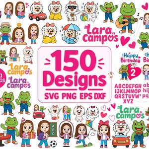 Pode incluir: Uma coleção de 150 designs digitais com ilustrações de desenhos animados de uma menina, um sapo e um cão. Os designs incluem várias atividades e acessórios, com o texto "Lara Campos" e "150 Designs".