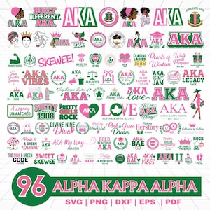 May include: A collection of 96 Alpha Kappa Alpha (AKA) graphics in pink and green, including logos, phrases, and illustrations. The designs are available in SVG, PNG, DXF, EPS, and PDF formats.
