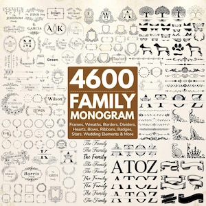May include: A digital collection of 4600 black and white family monogram designs, including frames, wreaths, borders, dividers, hearts, bows, ribbons, badges, stars, and wedding elements, with text reading 4600 FAMILY MONOGRAM and A TO Z.