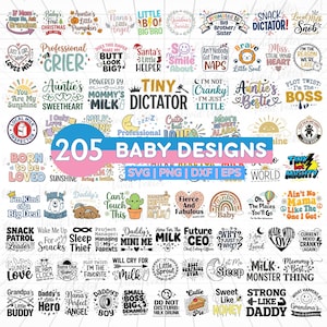 Puede incluir: Una colección de 205 diseños con temática de bebé en formatos SVG, PNG, DXF y EPS. Los diseños presentan varias frases y gráficos, incluyendo "Tiny Dictator", "Mommy's Milk", e ilustraciones lindas, perfectos para proyectos relacionados con bebés.