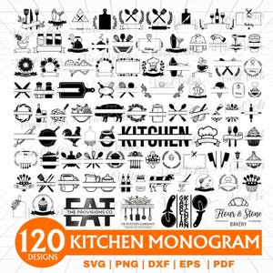 Peut inclure: Une collection de 120 motifs de monogrammes de cuisine en noir et blanc. Les motifs comprennent des illustrations culinaires telles que des ustensiles, des aliments et des chapeaux de chef. Le texte indique "KITCHEN MONOGRAM" et "120 DESIGNS".