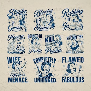Pode incluir: Uma cole&ccedil;&atilde;o de ilustra&ccedil;&otilde;es em estilo vintage com texto. Cada imagem apresenta uma mulher em estilo retr&ocirc;, acompanhada de frases como "Stroke of Genius", "Blowing Off Steam" e "Completely Unhinged". A obra de arte &eacute; em tons de azul sobre um fundo bege.