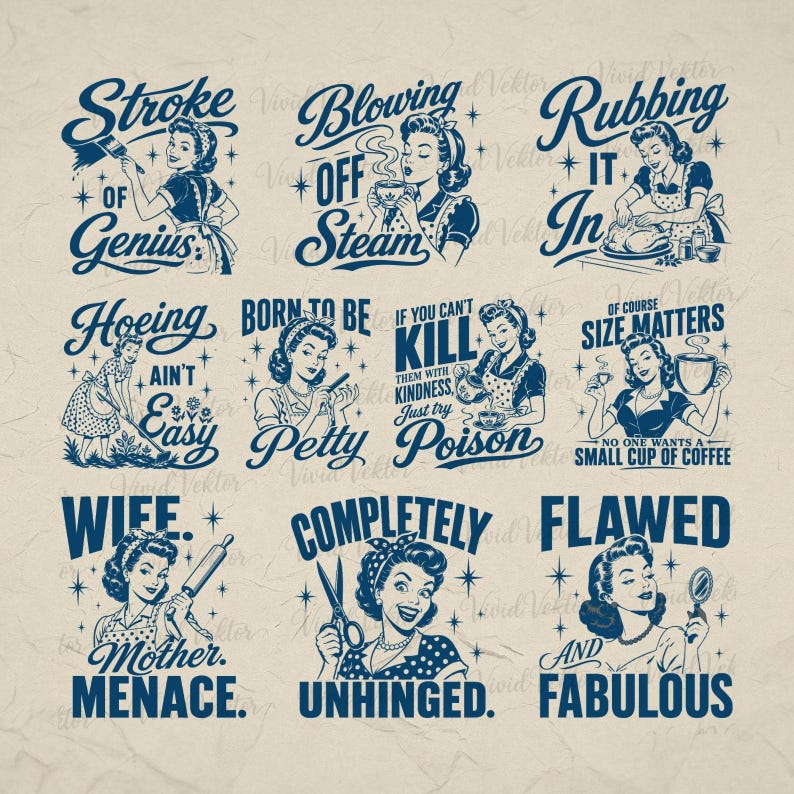 Pode incluir: Uma cole&ccedil;&atilde;o de ilustra&ccedil;&otilde;es em estilo vintage com texto. Cada imagem apresenta uma mulher em estilo retr&ocirc;, acompanhada de frases como "Stroke of Genius", "Blowing Off Steam" e "Completely Unhinged". A obra de arte &eacute; em tons de azul sobre um fundo bege.