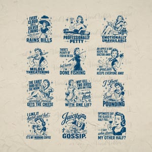 Pode incluir: Uma cole&ccedil;&atilde;o de ilustra&ccedil;&otilde;es retr&ocirc; em azul marinho e branco com mulheres em v&aacute;rias poses com texto humor&iacute;stico. Os designs incluem frases como "Professionally Petty" e "Juicy Gossip".