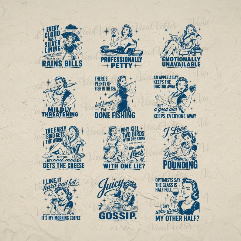 Pode incluir: Uma cole&ccedil;&atilde;o de ilustra&ccedil;&otilde;es retr&ocirc; em azul marinho e branco com mulheres em v&aacute;rias poses com texto humor&iacute;stico. Os designs incluem frases como "Professionally Petty" e "Juicy Gossip".