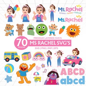 Op de afbeelding: Een verzameling kleurrijke digitale illustraties met personages, objecten en tekstelementen. Bevat afbeeldingen van een meisje, een schoolbus, een auto, een regenboog en diverse cartoonfiguren. Tekst bevat "Ms. Rachel" en "70 Designs".