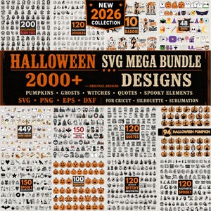 Può includere: Un pacchetto digitale Halloween SVG con oltre 2000 design, tra cui zucche, fantasmi, streghe, citazioni ed elementi spettrali. La collezione include vari formati di file come SVG, PNG, EPS e DXF per progetti creativi.