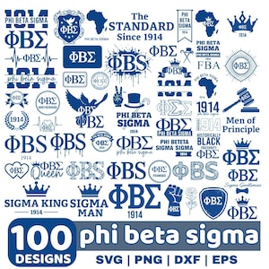 Può includere: Una collezione di 100 design Phi Beta Sigma in blu e bianco. I design includono loghi, stemmi ed elementi testuali come "1914" e "The Standard Since 1914". Formati: SVG, PNG, DXF e EPS.