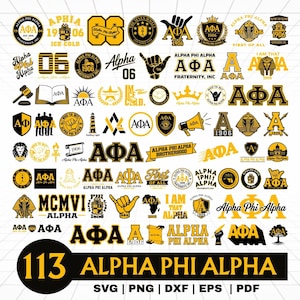May include: A collection of 113 Alpha Phi Alpha fraternity logos and emblems in black and gold. The designs include crests, symbols, and text elements, with the fraternity's name and founding year prominently displayed. Formats include SVG, PNG, DXF, EPS, and PDF.